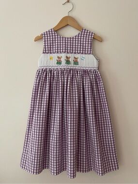 RARE! HAND SMOCKED EUC Lilac Gingham Hula Bear Summer Vacation Heirloom Dress